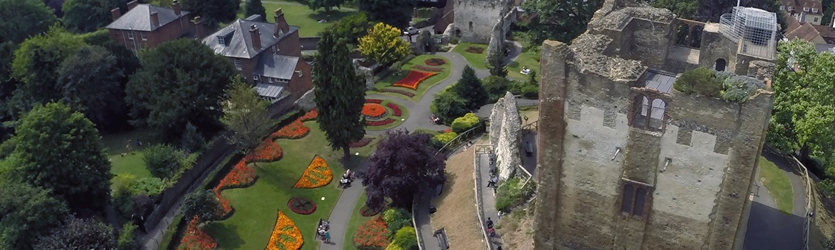 An aerial shot of Guildford Castle and grounds