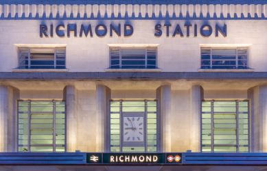 The bronze finish station letters for Richmond station in place on the front of the station - South Western Railway