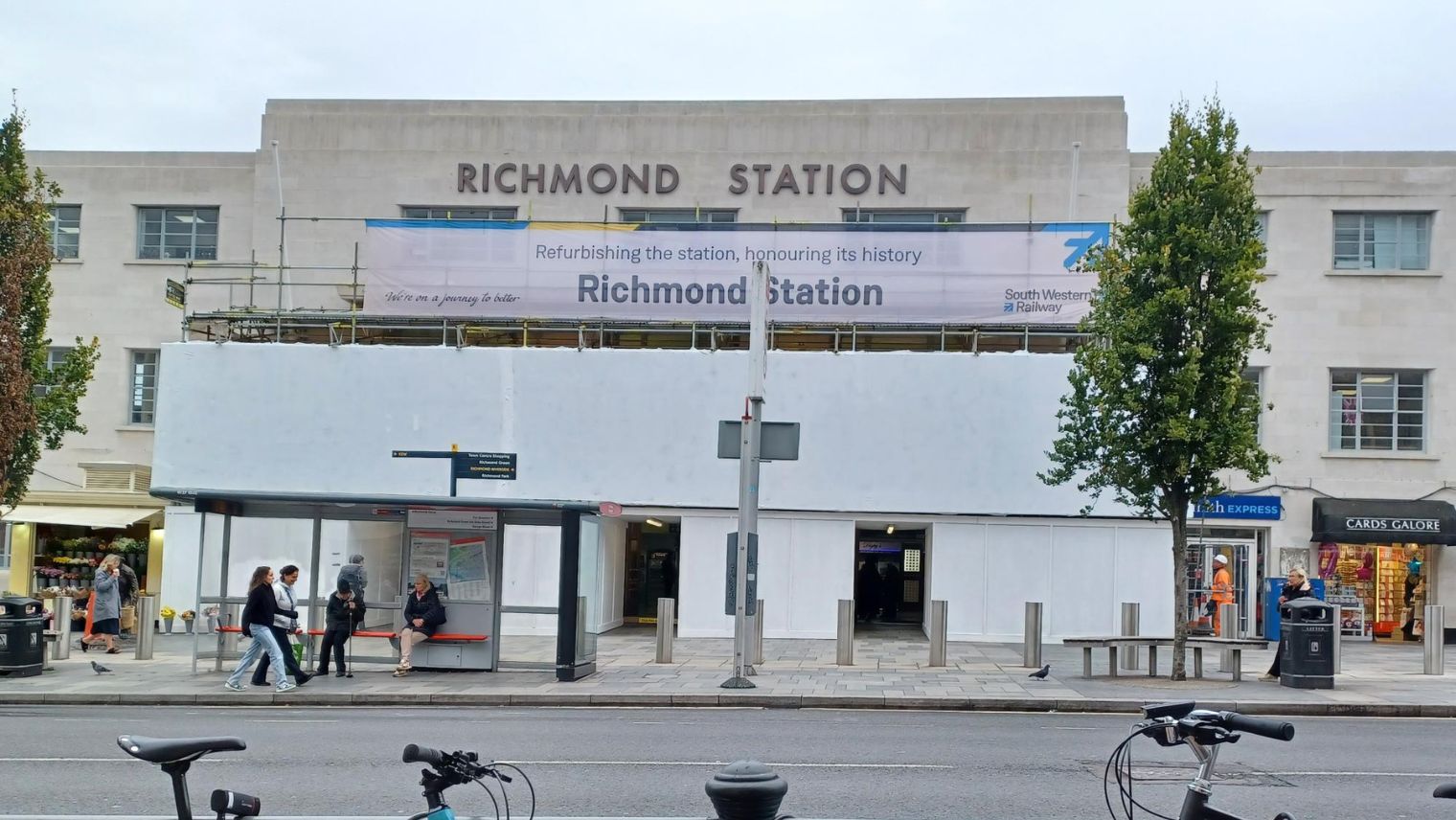 The wrapped scaffolding in place to enable the Richmond station canopy works to progress - South Western Railway