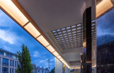The new lighting scheme in place at Richmond station and transforming the façade at night - South Western Railway