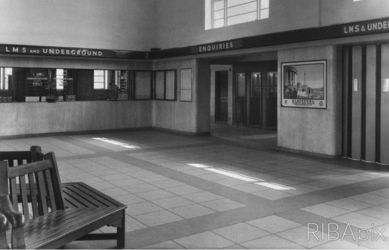 A RIBA archive photograph of part of the booking hall at Richmond station - South Western Railway