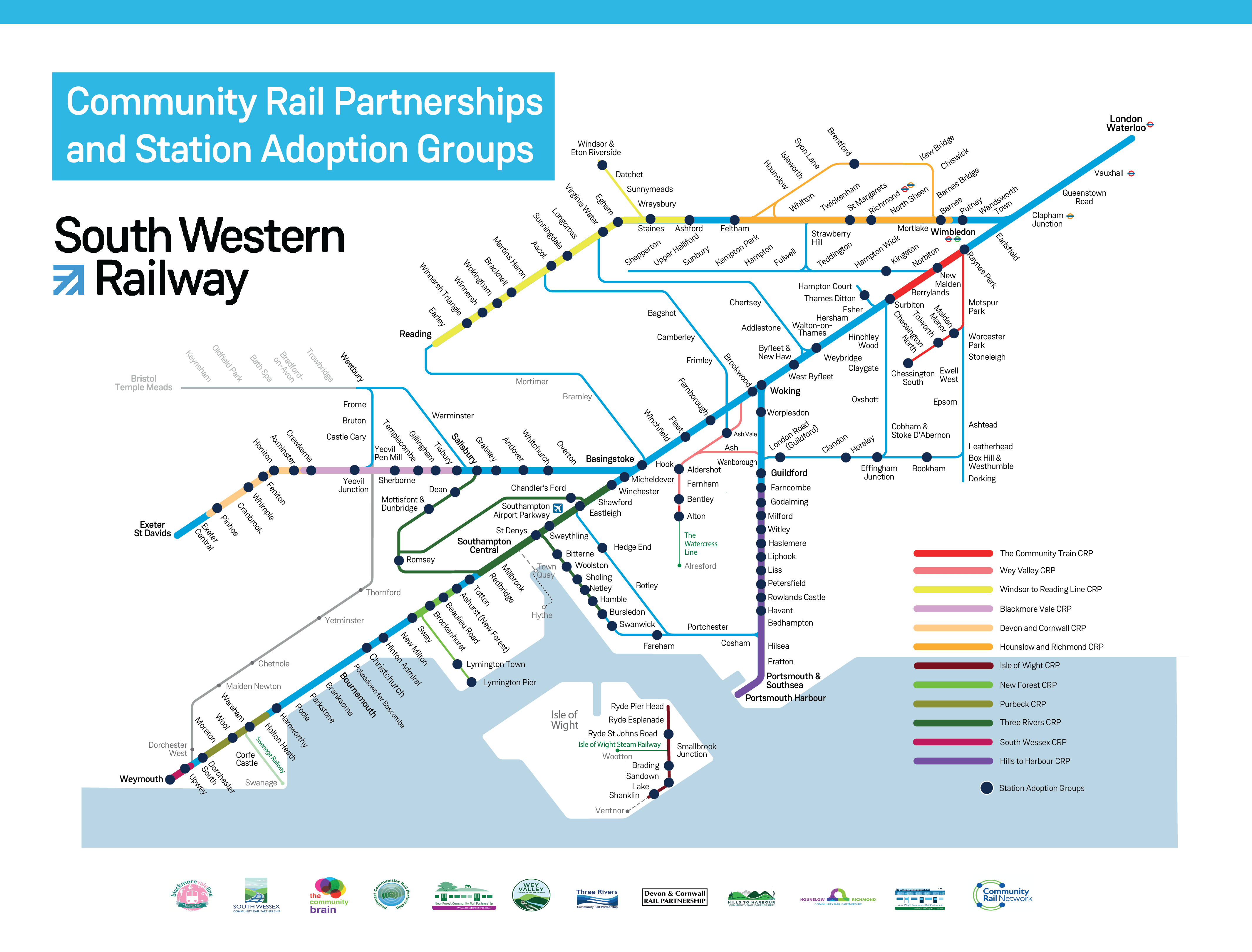 Map of the South Western Railway network and the community rail partners we work with