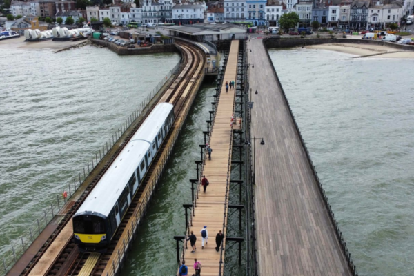 Overhead view of Island Line train on Ryde Pier