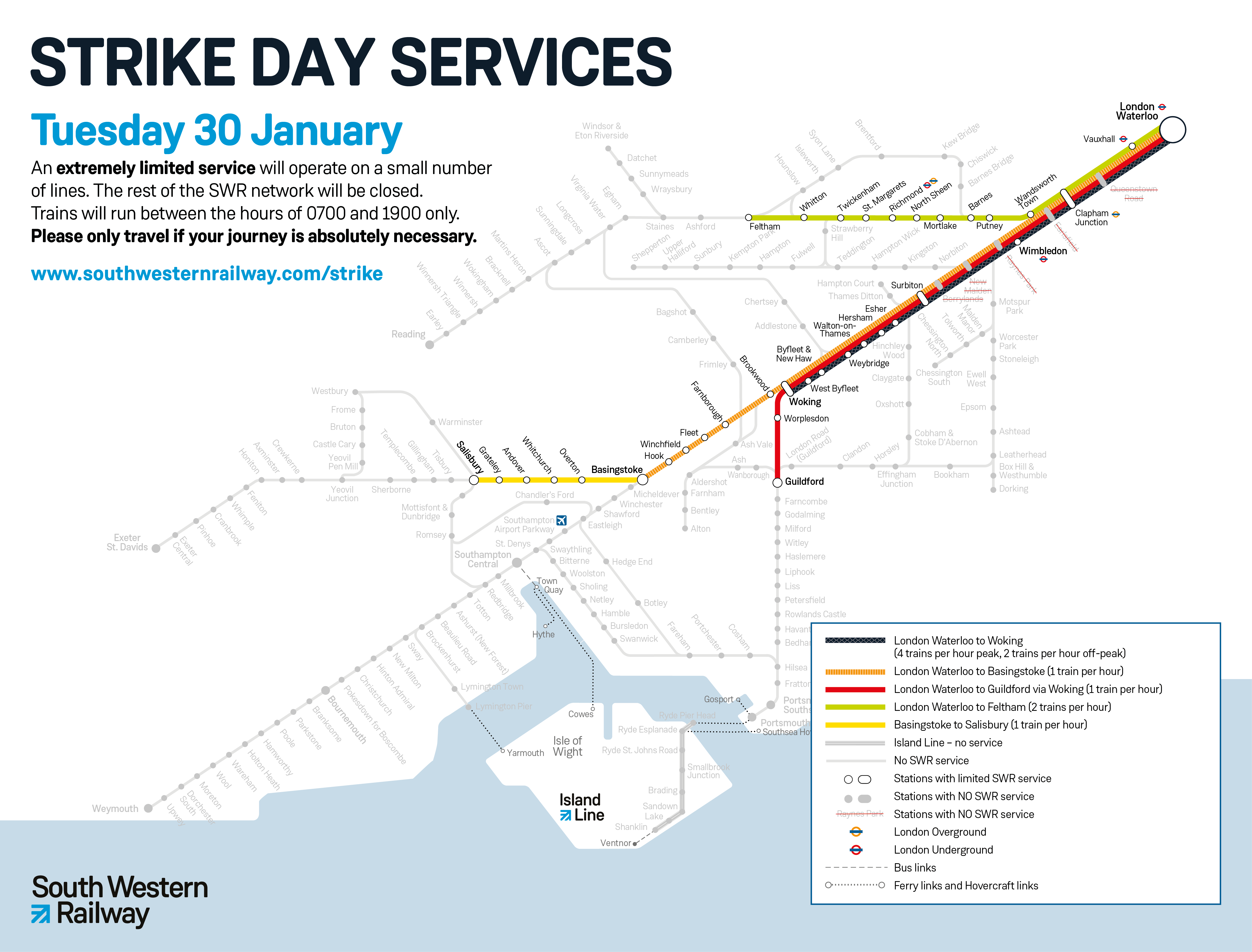 South Western Railway Network map of strike day services for Tuesday 30 January