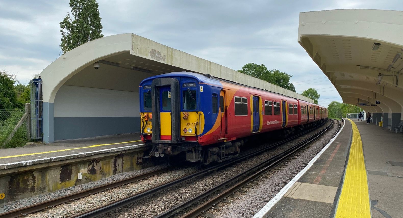 Class 455 train at platform at Malden Manor station