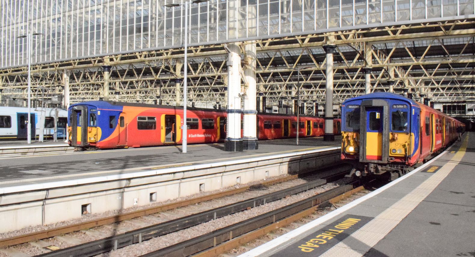 Two Class 455 trains at platform at London Waterloo station