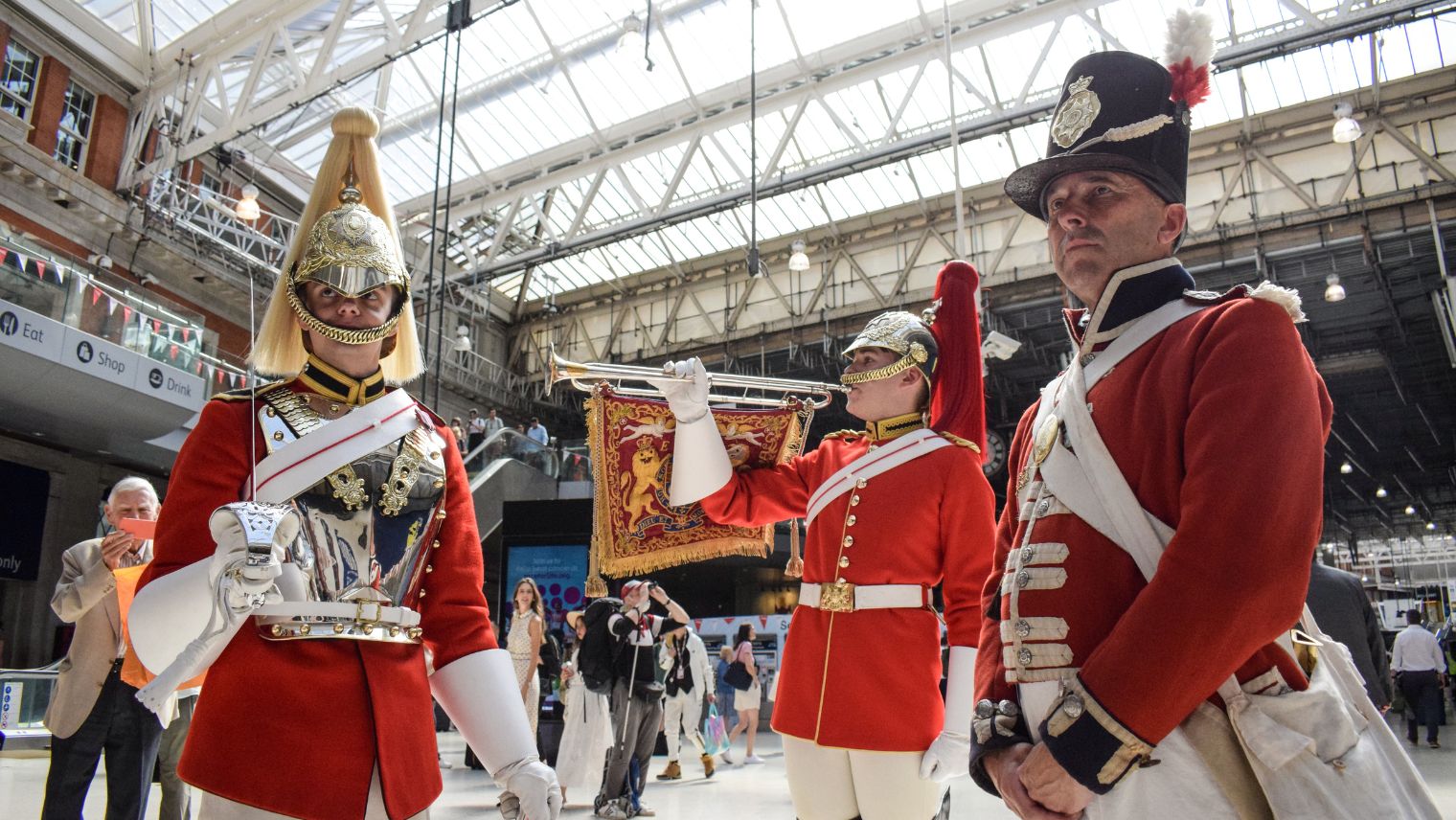Life Guards Tpr Barlow and Tpr Davis with 1815 Coldstream Guards reenactor Anthony - Rail 200 - London Waterloo - South Western Railway