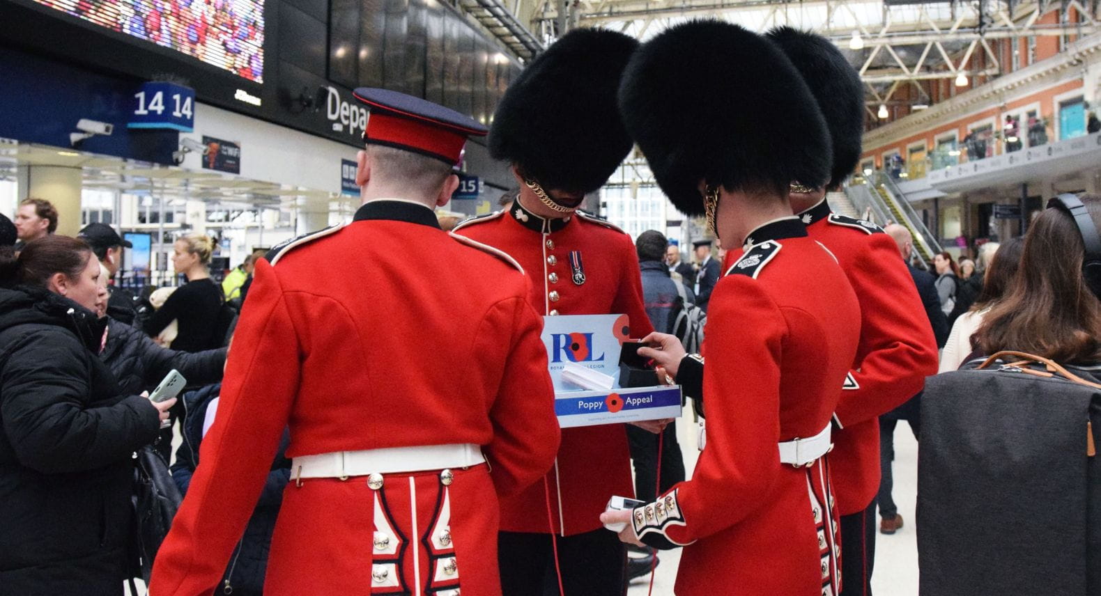 Grenadier Guards collecting at Waterloo on London Poppy Day