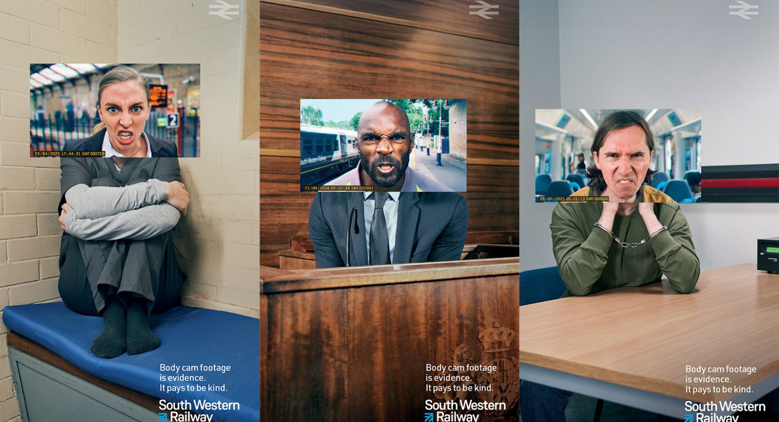 Poster with angry faces taken from video footage superimposed onto different bodies