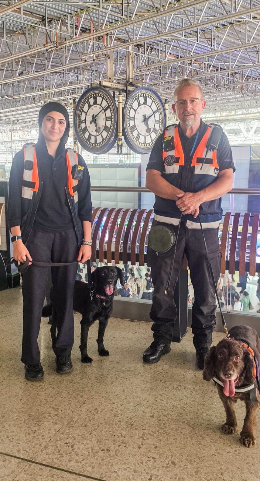 A black and a brown Cocker Spaniel with their handlers on the mezzanine at Waterloo station with the station clock behind them