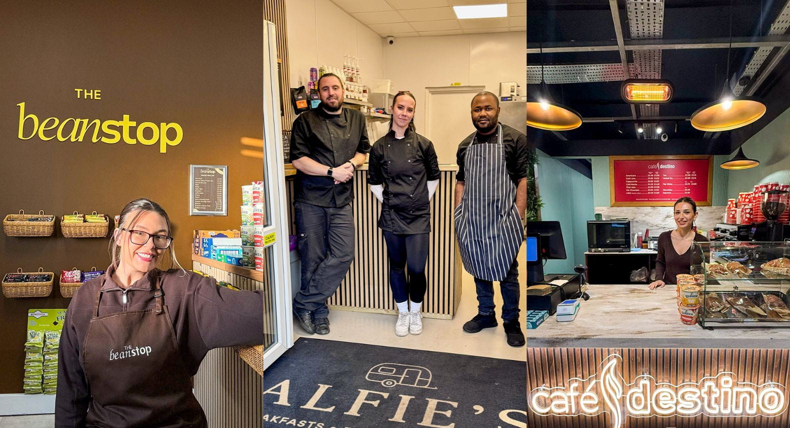 Groups of people standing in three small cafe premises