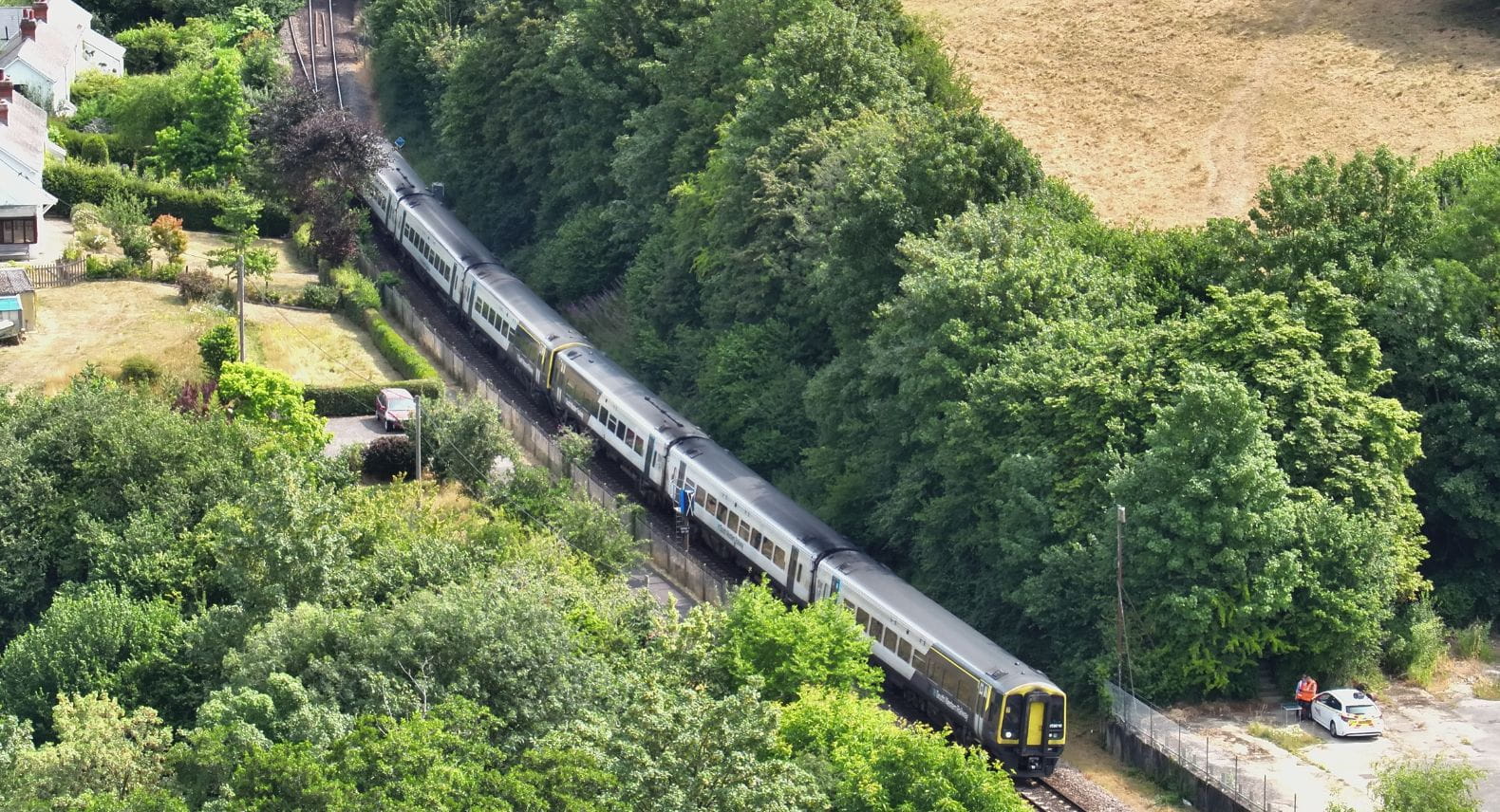 Birds-eye view of Class 159 train on the West of England Line