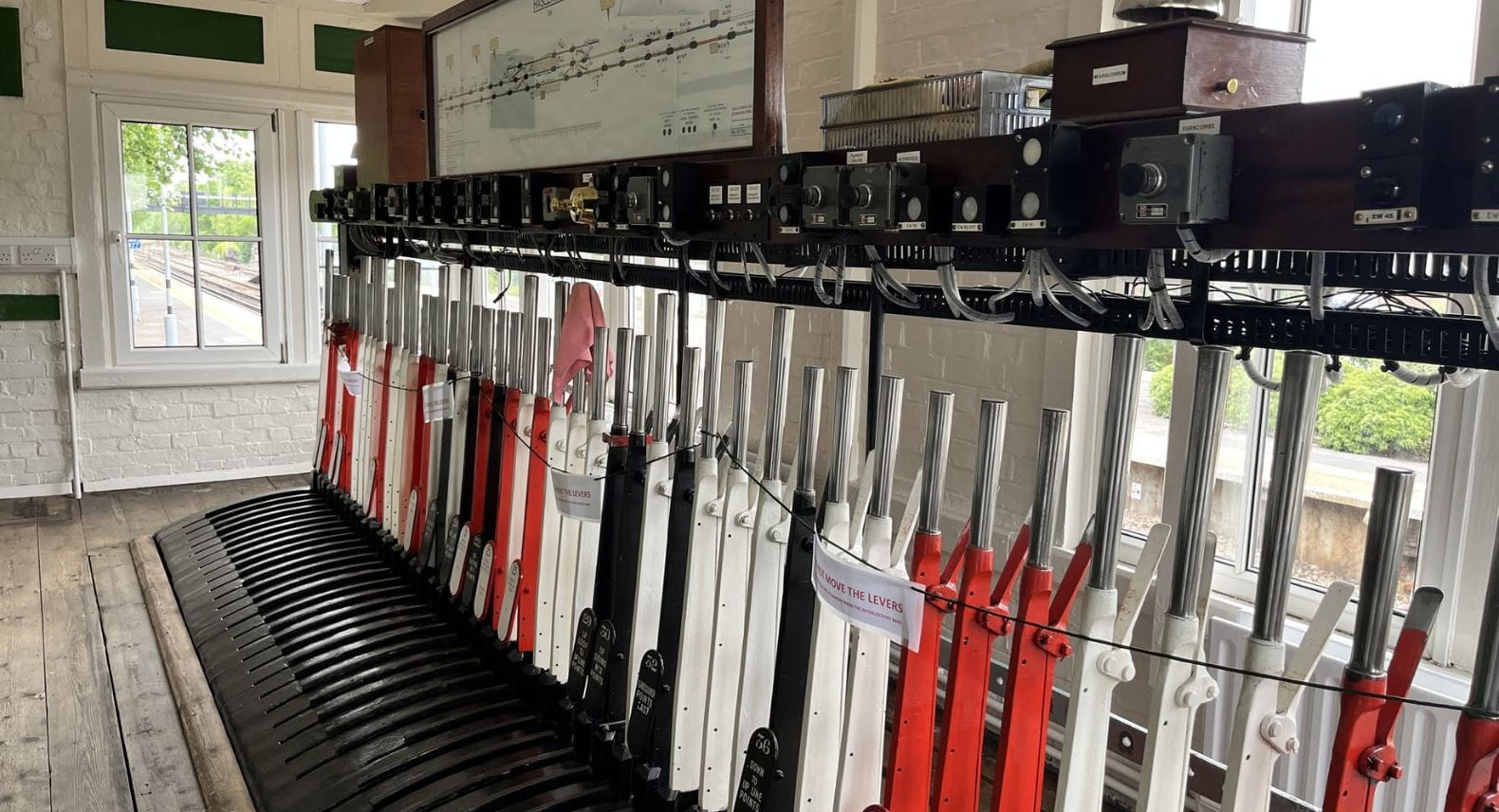 A row of pull levers inside an old signal box