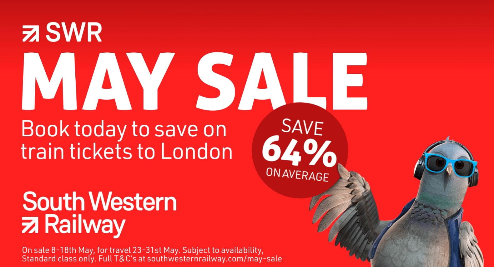 Red background with cartoon pigeon pointing at starburst containing the words 'Save 64% on average'
