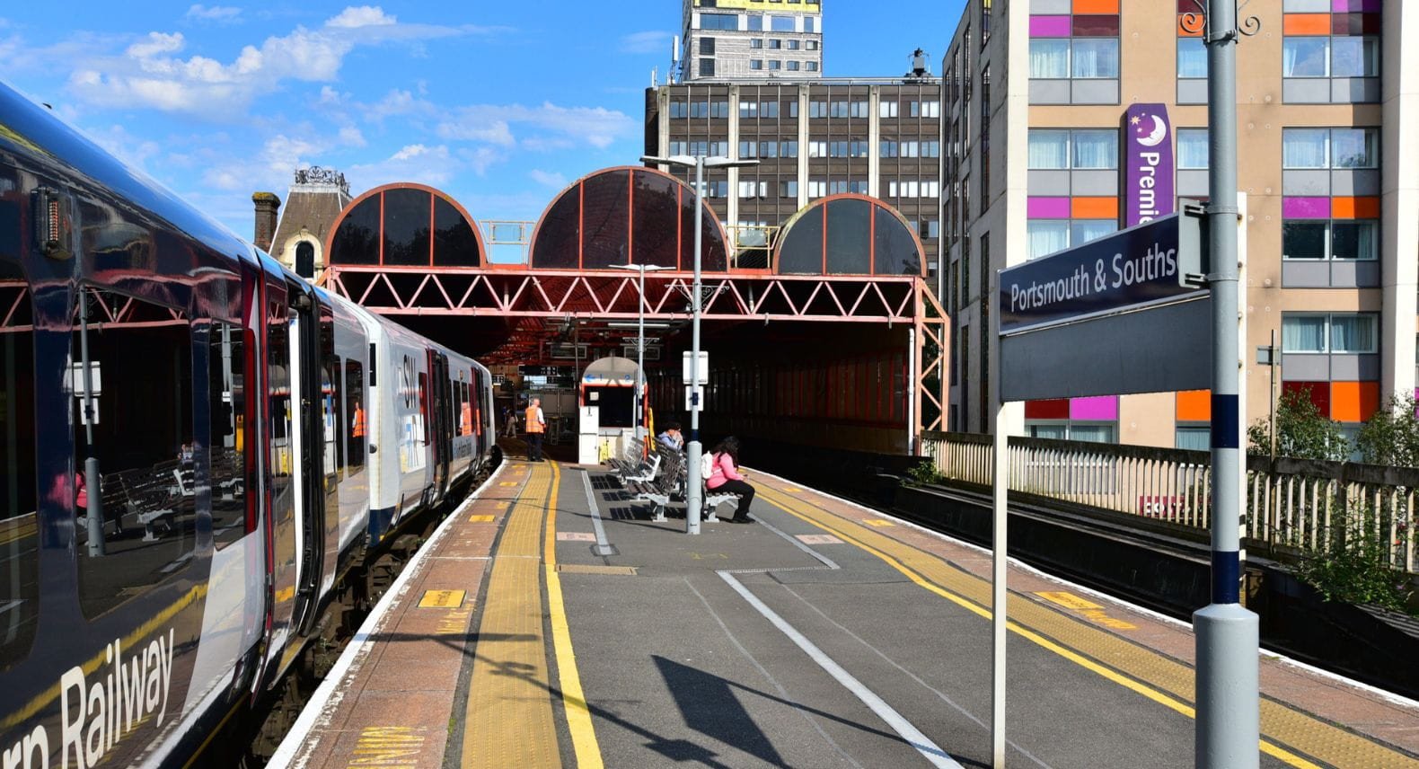 Portsmouth & Southsea station with an SWR train in the platform 