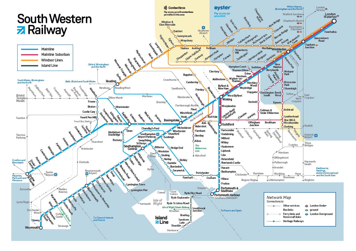 Map of the South Western Railway network with the performance figures lines