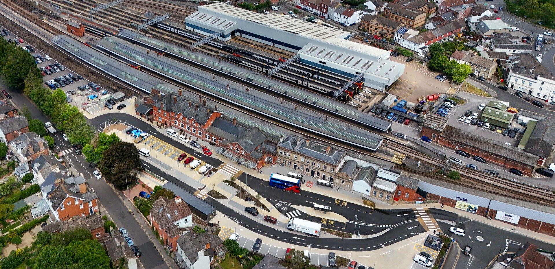 Ariel shot of Salisbury train station operated and served by South Western Railway