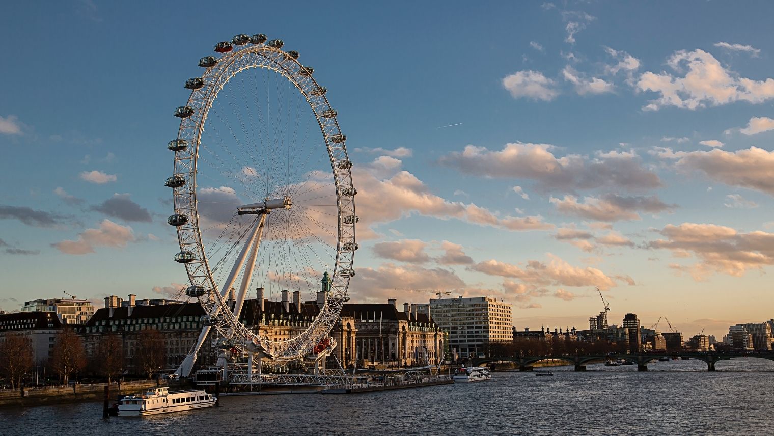 London Eye at sunset, taken from the north bank of the River Thames
