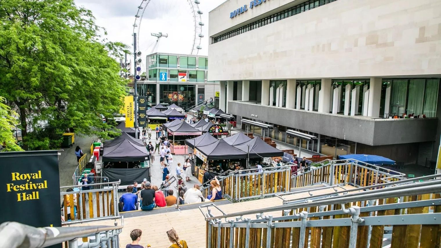 Southbank Centre Food Market seen from steps above the market