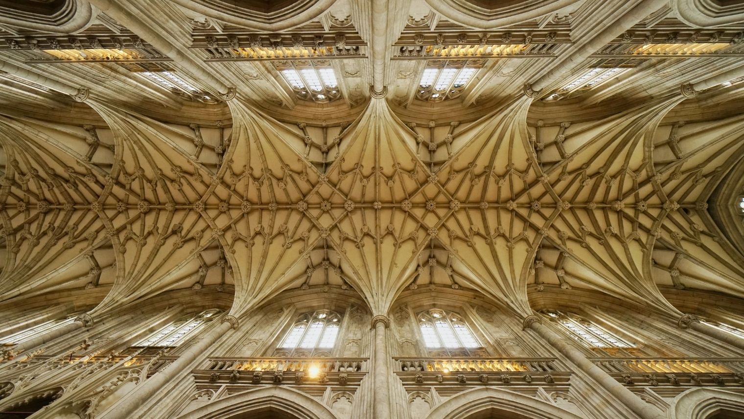 Looking directly up into the ceiling of Winchester cathedral