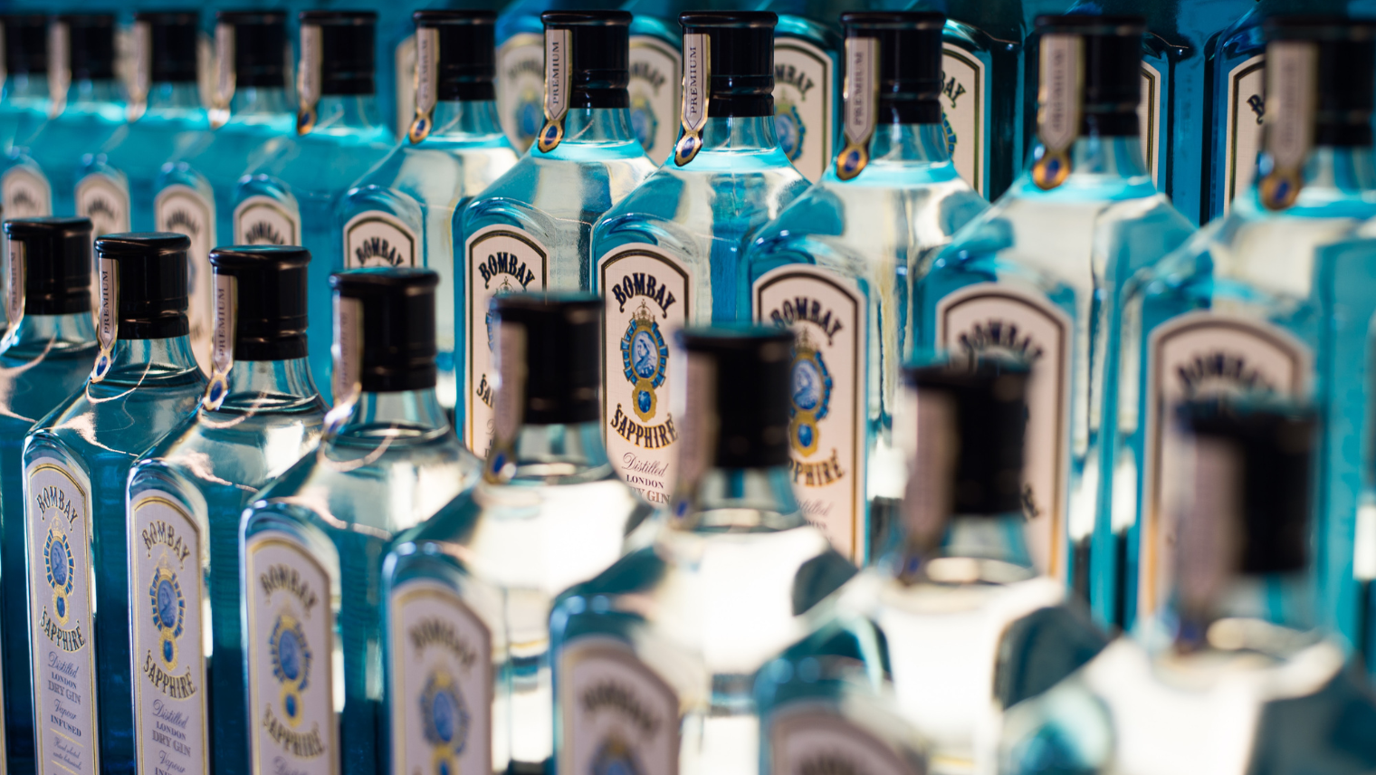 Image of multiple Bombay Sapphire gin bottles lined up next to each other