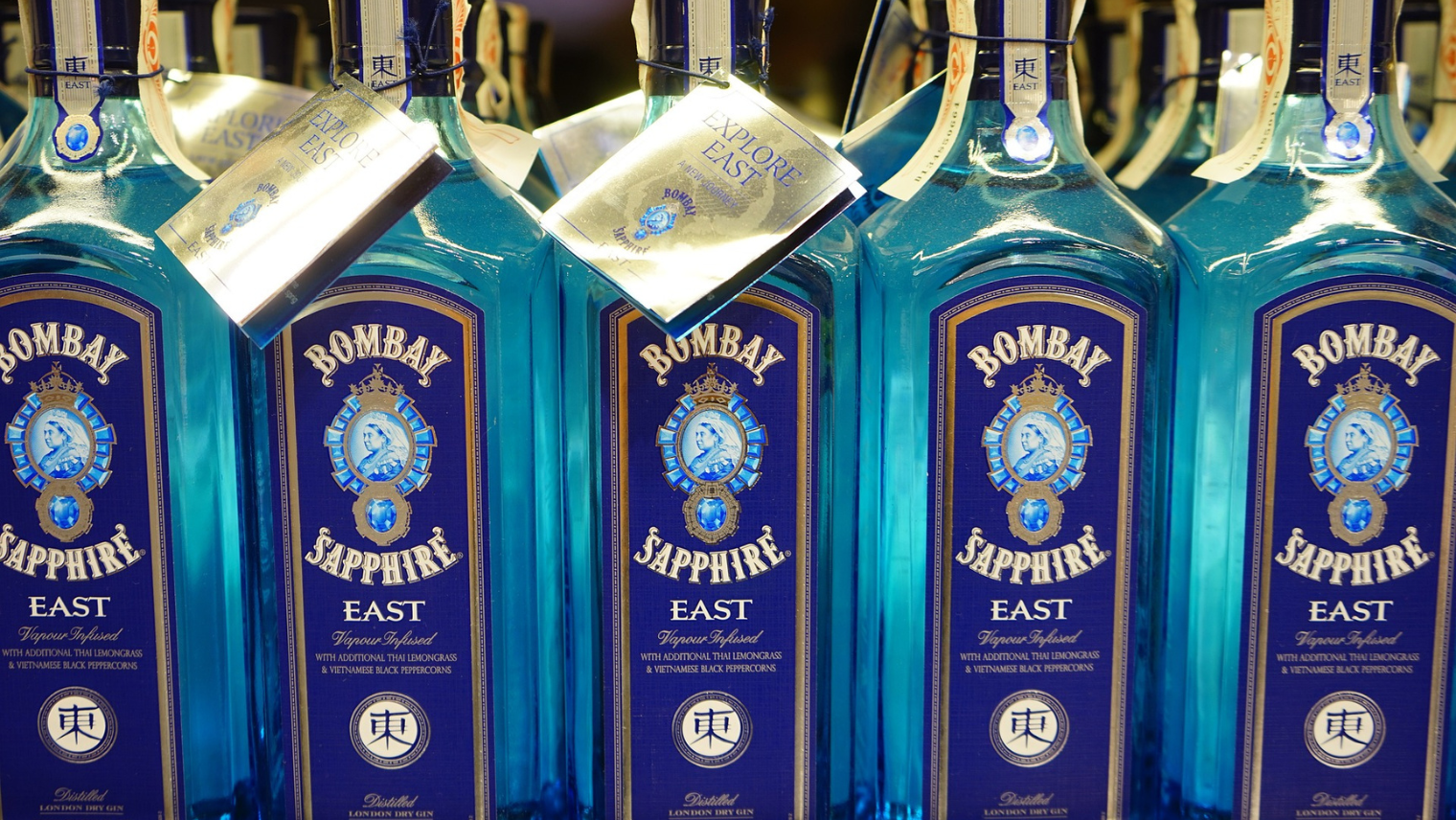 Image of Bombay Sapphire gin bottles lined up