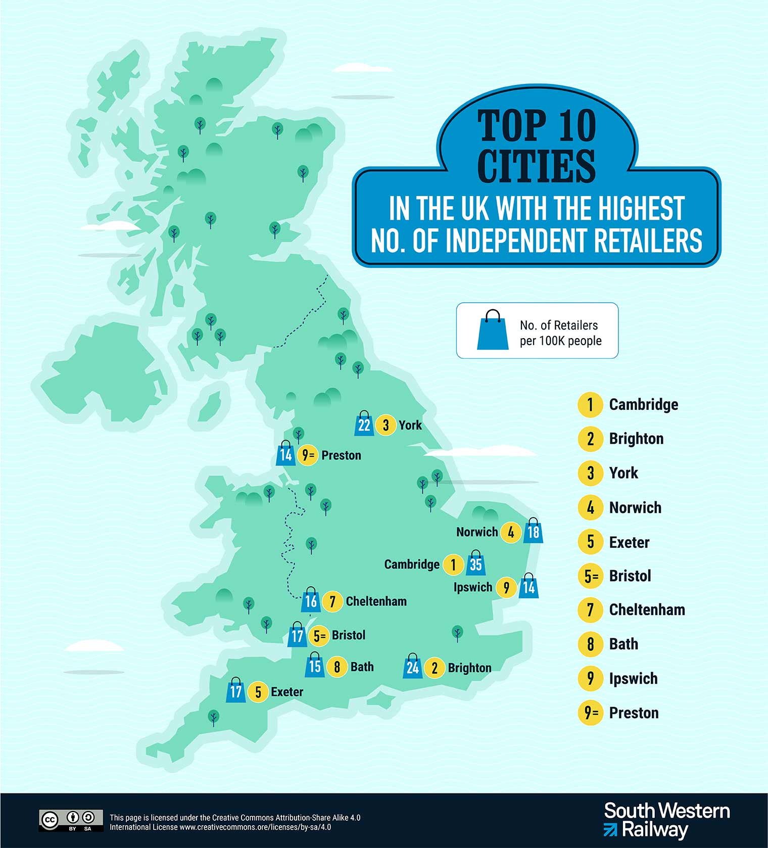 Map of the towns with the highest rate of independent shops