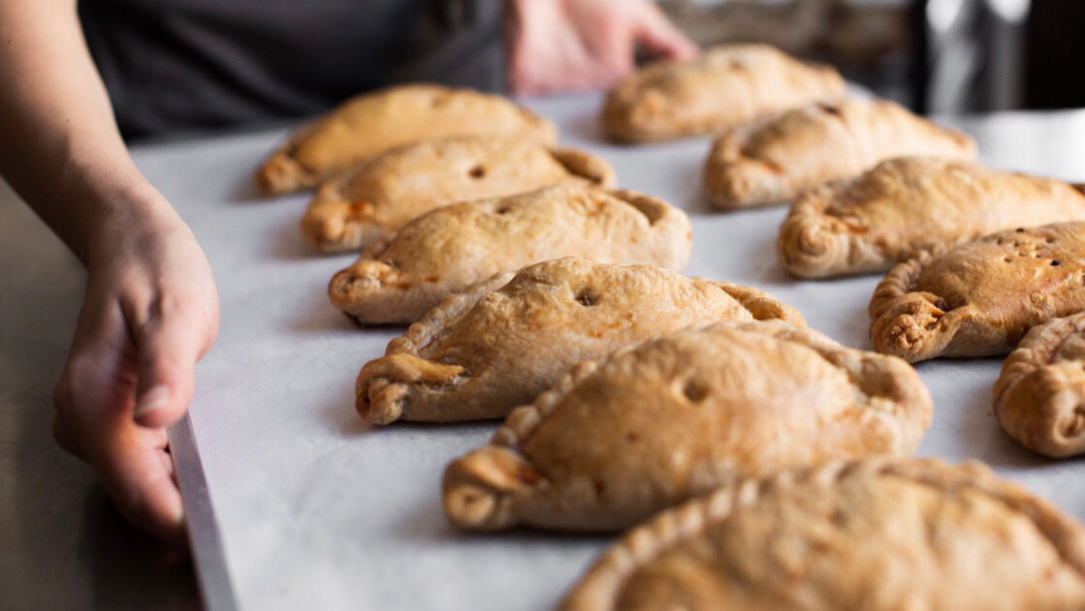 Cooked pasties at Cornish Bakehouse