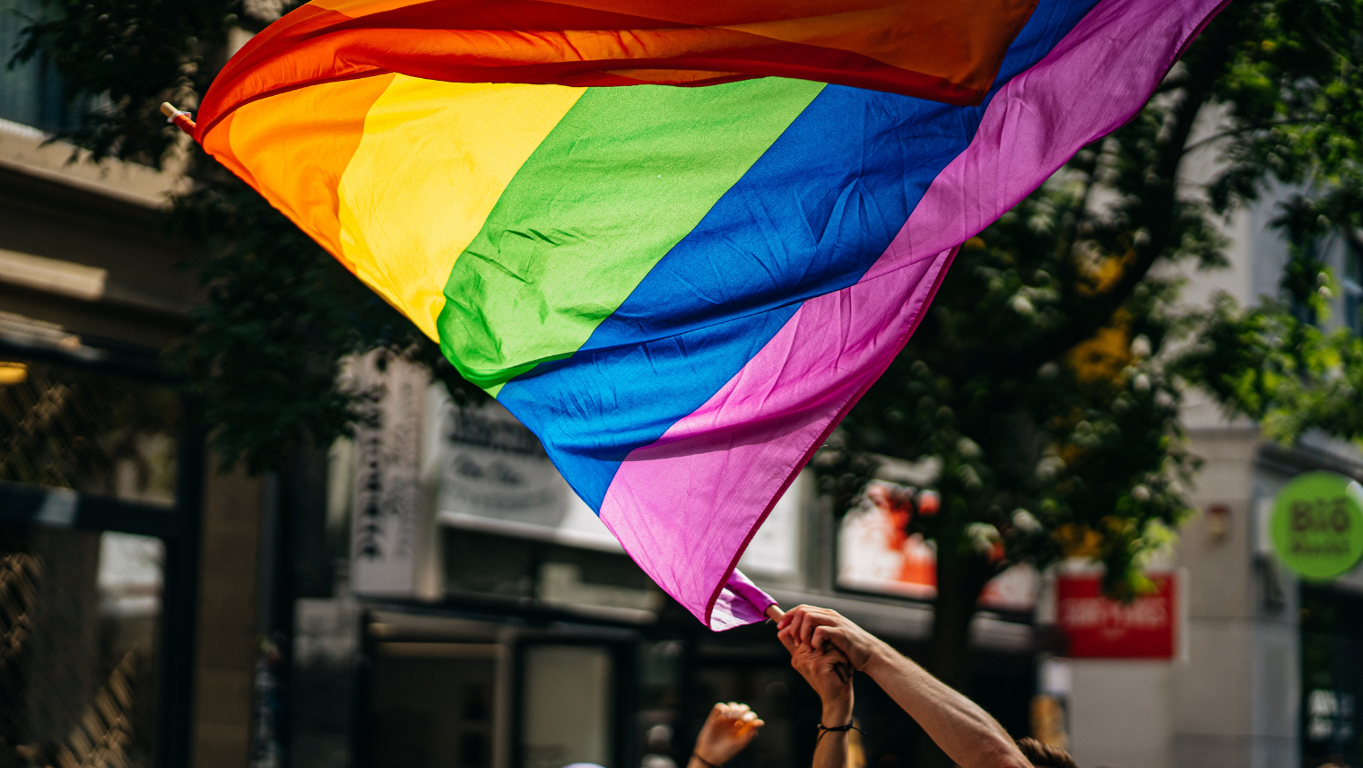 Image of someone waving a Pride rainbow flag