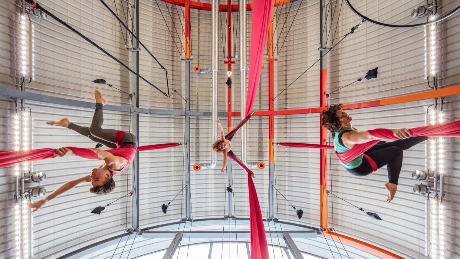 People taking part in an aerial fitness class