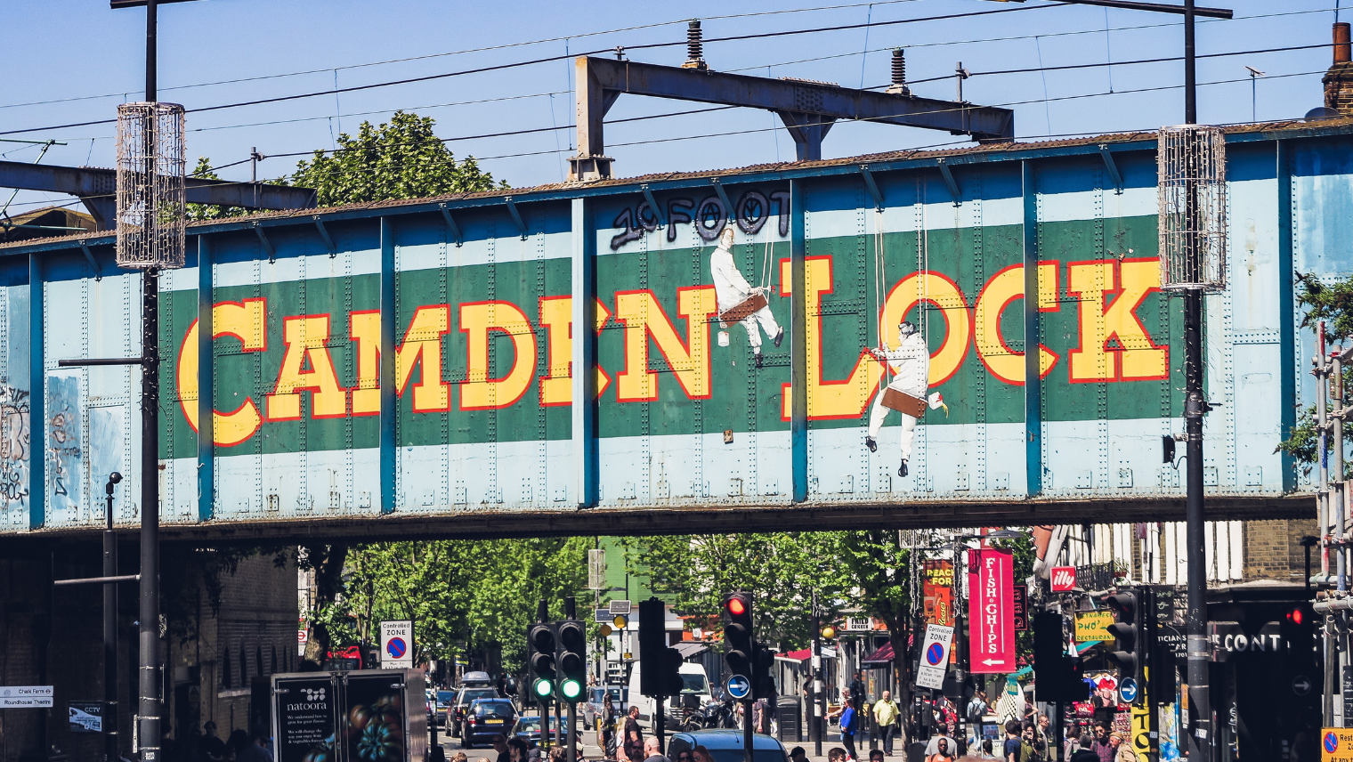 Camden Lock sign with people surrounding the streets in front of it