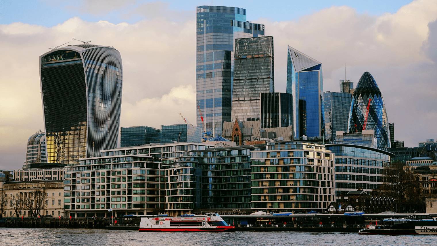 London skyline with the Walkie Talkie, Cheesegrater, and Gherkin above the Thames