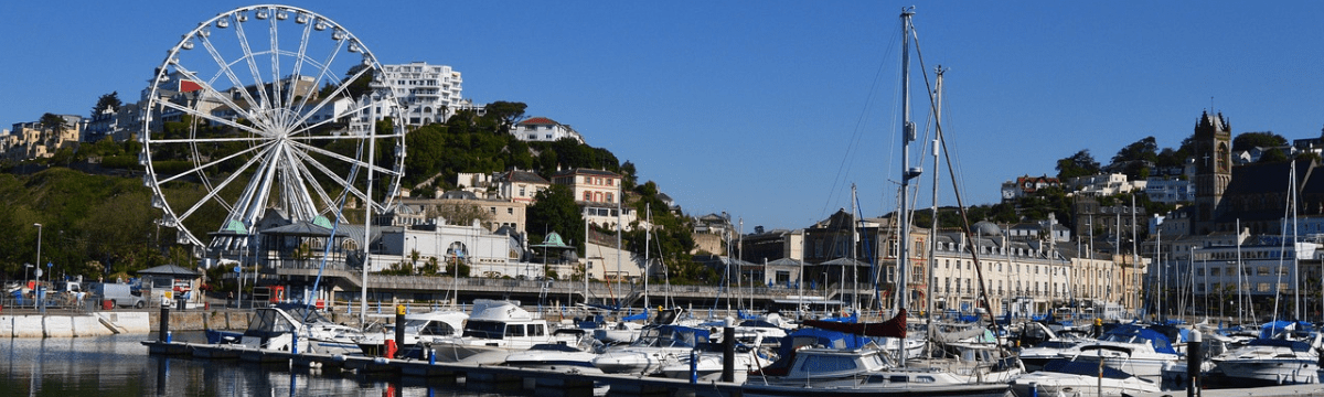 A sunny harbor filled with boats below a hillside town with a large Ferris wheel.