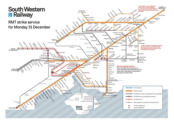 South Western Railway service map for New Years Eve 2018