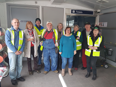 Friends of Templecombe Station - Group Photo. Left to right: Peter, Frances, Michael, David, Rita, Ann, Christine, Raif and Alison.