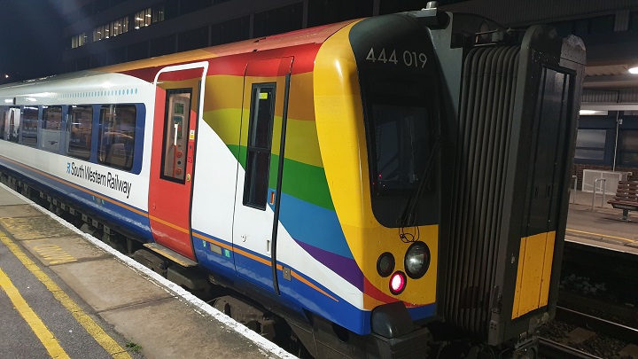 Class 444 in SWR Trainbow Livery