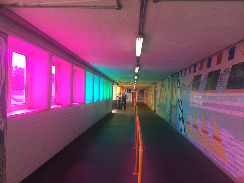 Southampton Central station rainbow effect installation on the overbridge