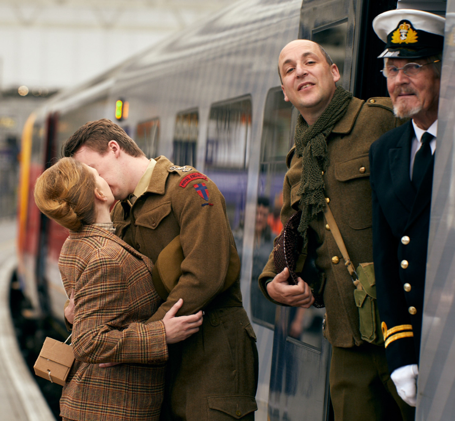 D-Day re-enactment kiss at London Waterloo