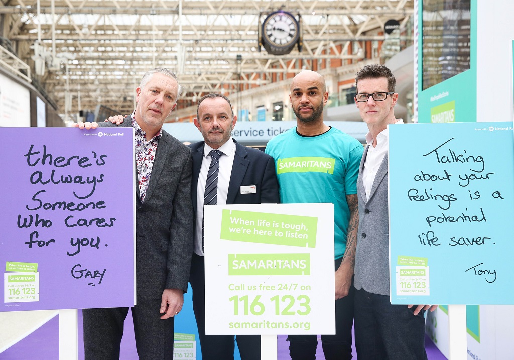 Left to Right: Ian Stevens (Network Rail, Programme Manager), Andy Thomas (Network Rail Wessex Route Managing Director), Leon Mackenzie (former professional footballer), Paul Macdonald (Head of External Affairs, Samaritans)