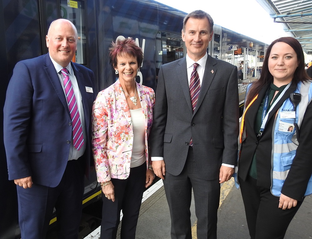 Andy Mellors (Managing Director SWR), Anne Milton MP, Jeremy Hunt MP and Chelle Miller (Guildford manager)
