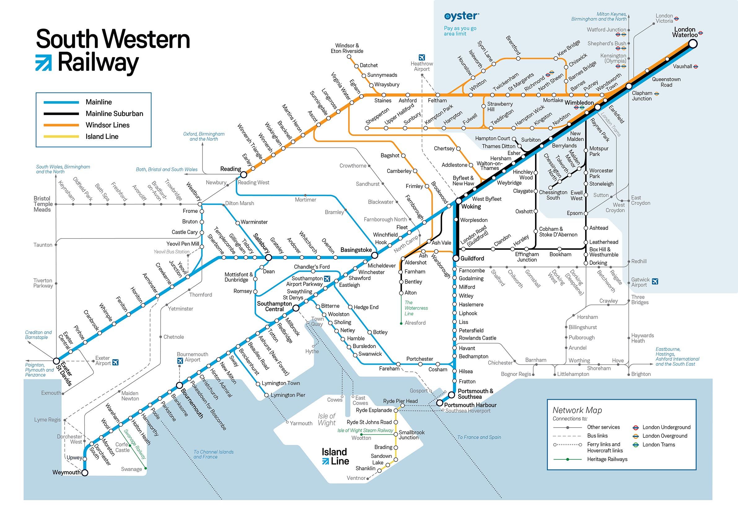 Map of the South Western Railway network with the performance figures lines