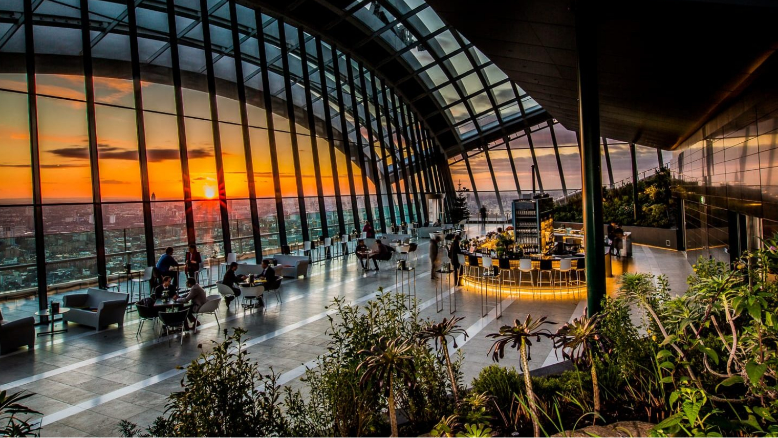 A view inside the Sky Garden at sunset