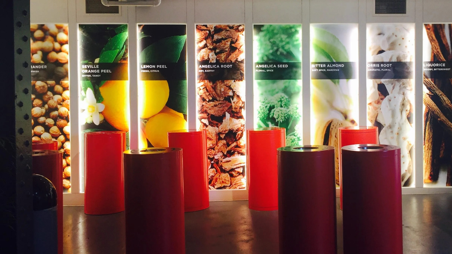 An ingredients display at the Beefeater Gin Distillery