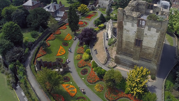 An aerial shot of Guildford Castle and grounds