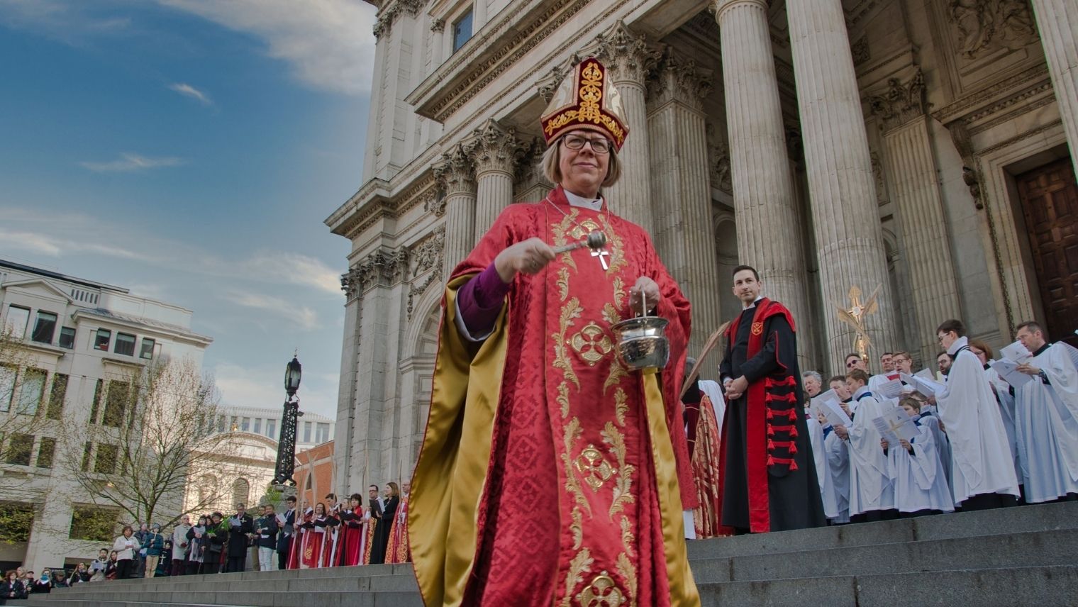Bishop Sarah Mulally at the steps of St Paul's on Palm Sunday 2021