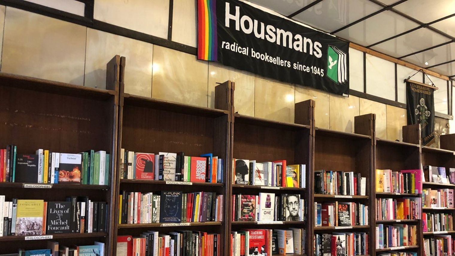 Bookshelves at Housmans, London