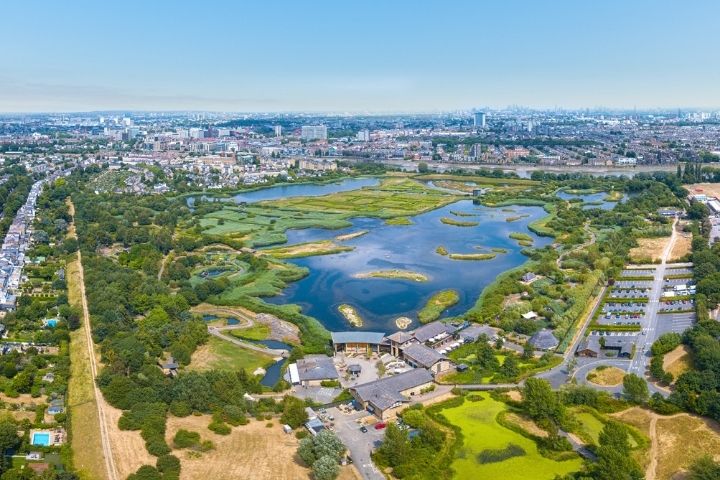 An aerial view of the London Wetland Centre