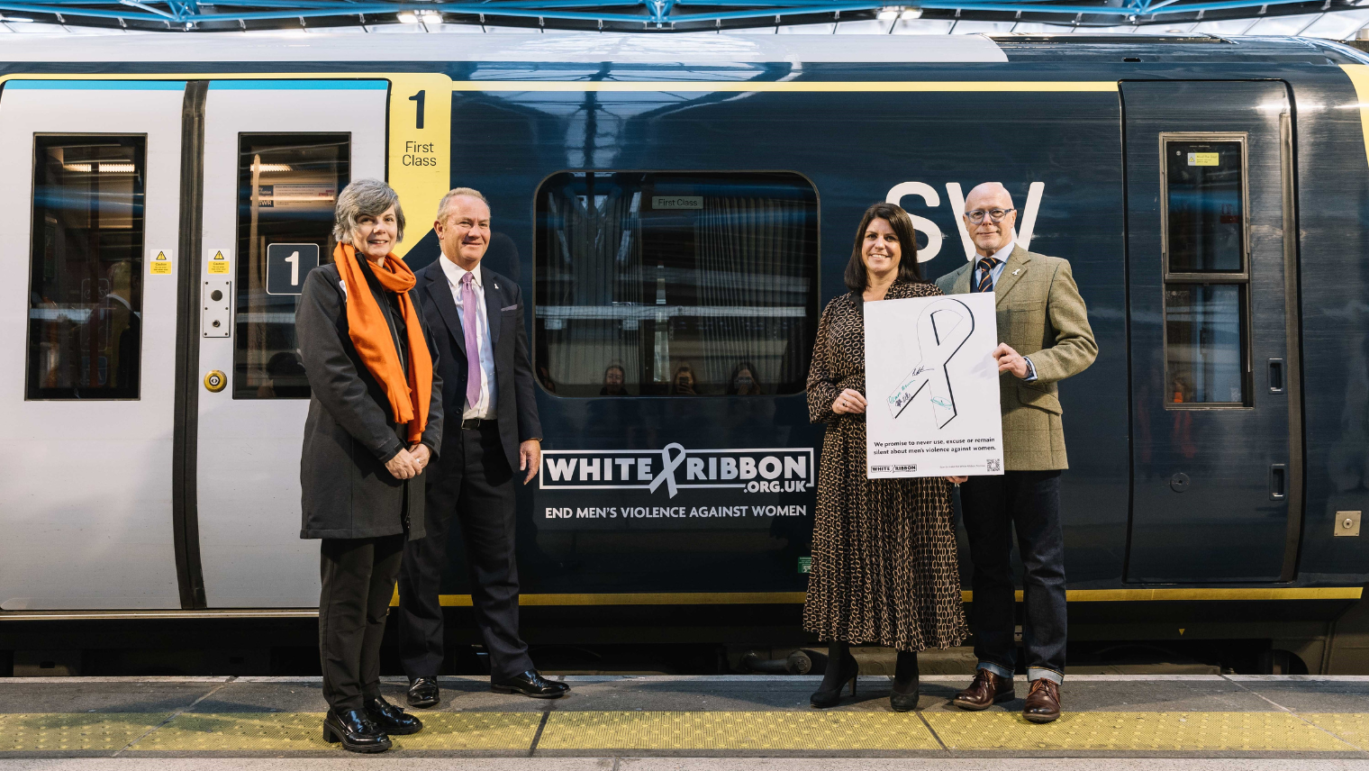 Our Managing Director, Claire Mann (second from right),  joined by The Chief Executive of White Ribbon UK, Anthea Sully (left), the Managing Director of the Department for Transport, Peter Wilkinson (right), and Assistant Chief Constable of the British Transport Police, Charlie Doyle (second from left).